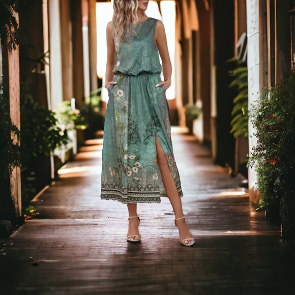🆕️Enchanting Boho Midi Dress | Green Floral Sleeveless with Thigh Slit 🌸🌿💃 - Picture 4 of 16